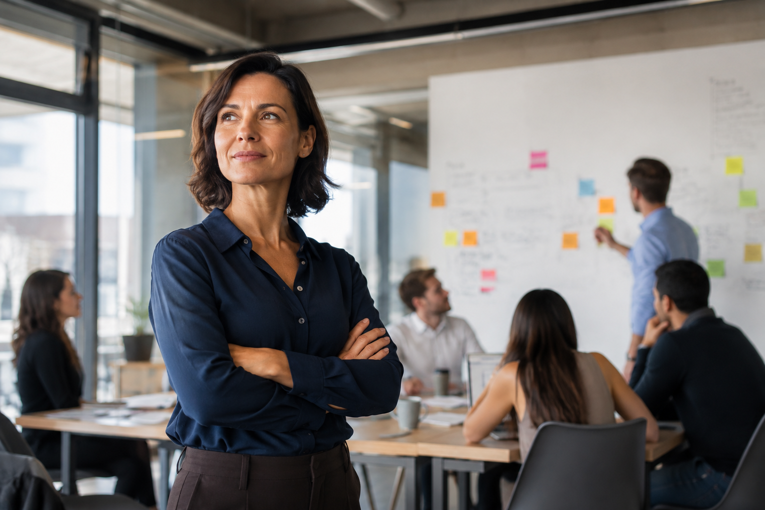 Manager sorridente in un ufficio con un team al lavoro su una lavagna